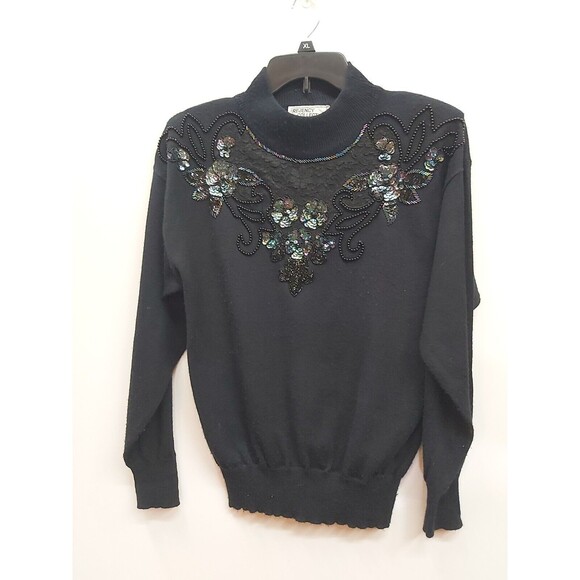VTG Regency Collection For Joyce Beaded Black Turtleneck Sweater Medium 1980s - Picture 1 of 14